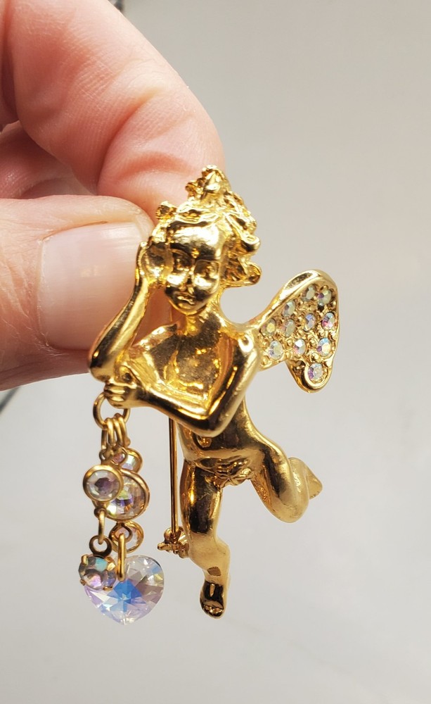 KIRKS FOLLY Signed Vtg Cherub AB Crystals & AB Heart Dangle Brooch