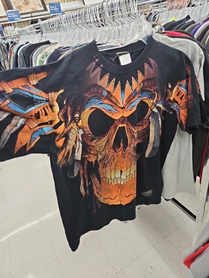 Vintage Y2K Liquid Blue T-Shirt Mens Large Indian Skull Tribal AOP