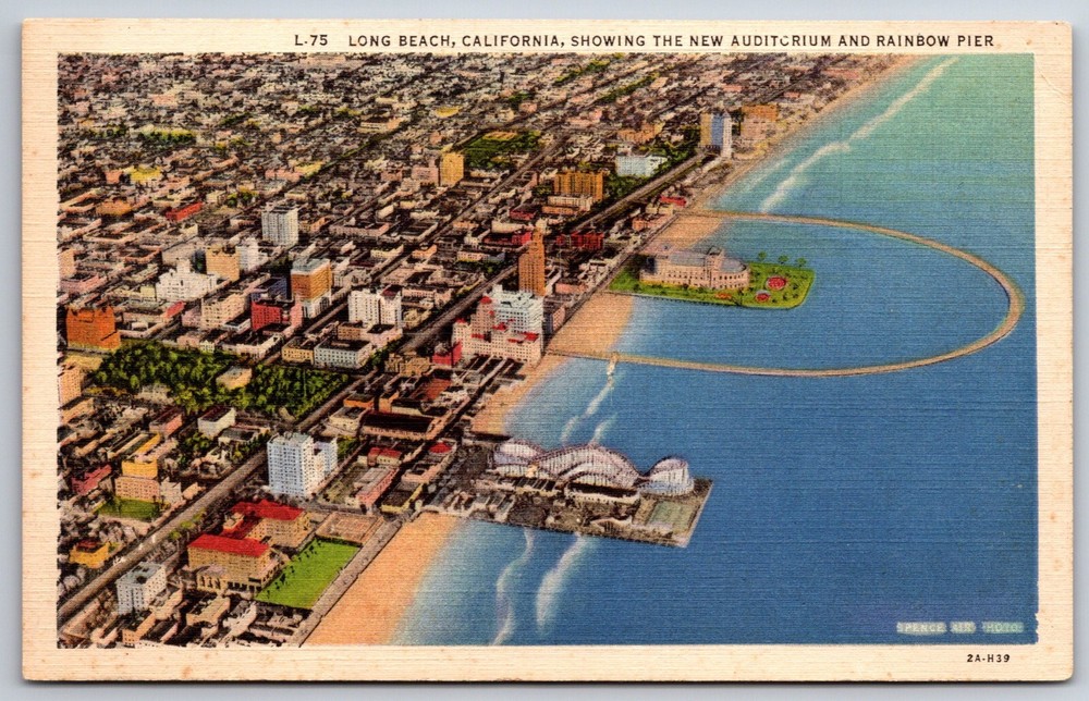 Theme~Long Beach CA~Air View Showing Auditorium & Rainbow Pier~Vintage Postcard