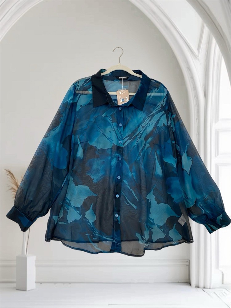 Womens Sheer Abstract Print Button Up Blouse Size 18 - 20 2X Artsy Boho Chic NWT