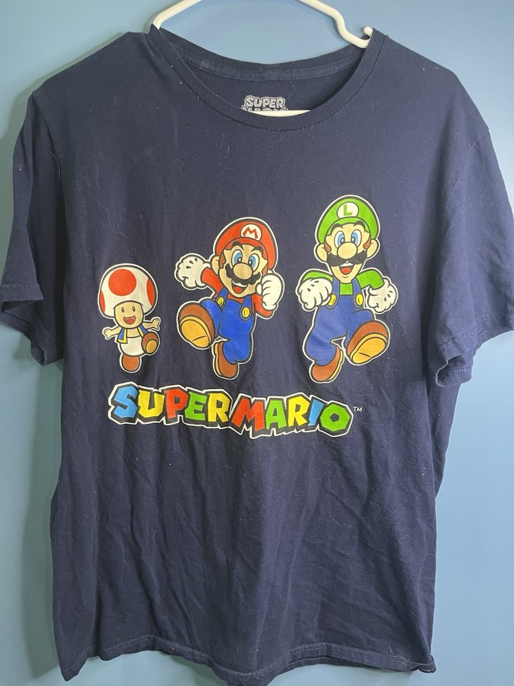 Super Mario Graphic T-Shirt Men’s XL Blue Short Sleeve Shirt 100% Cotton
