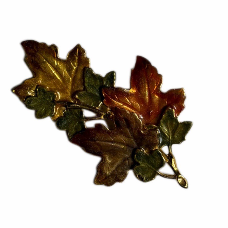 Vintage Autumn Maple Leaf Brooch Gold Tone Enamel Fall Leaves Pin 3”