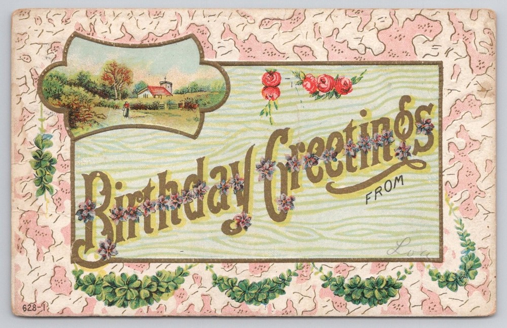 1910 RPO Birthday Greetings Postcard - Rural Scene, Embossed Flowers