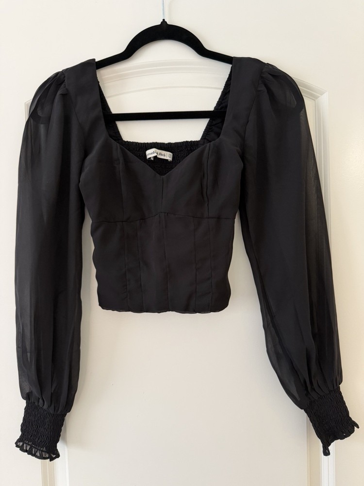 Abercrombie & Fitch Black Cropped Balloon Sleeve Chiffon Blouse, XXS