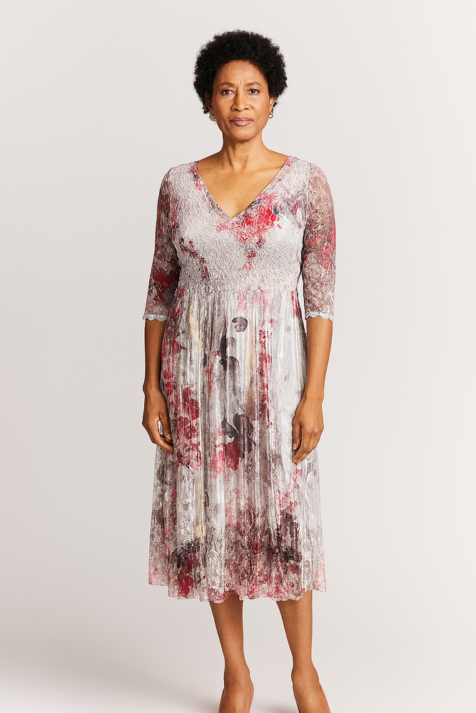 Komarov Dress  XL Floral  Charmeuse Lace Cocktail Midi Wedding Guest 3/4 Sleeve