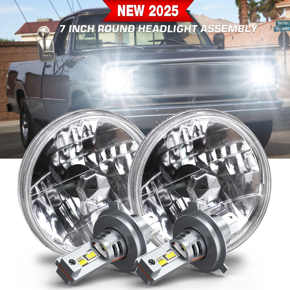 2pc 7-Inch Round LED Headlights H4 Hi/Lo Beam Compatible with Dodge D100 D150 D200 D300