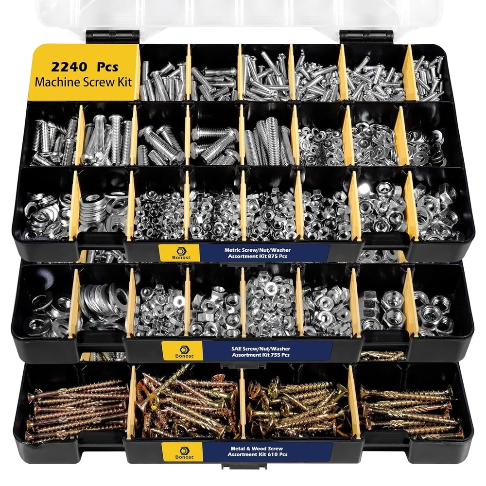 All-in-One 2240-Piece Metric & SAE Nut, Bolt, Washer Assortment - DIY Essential
