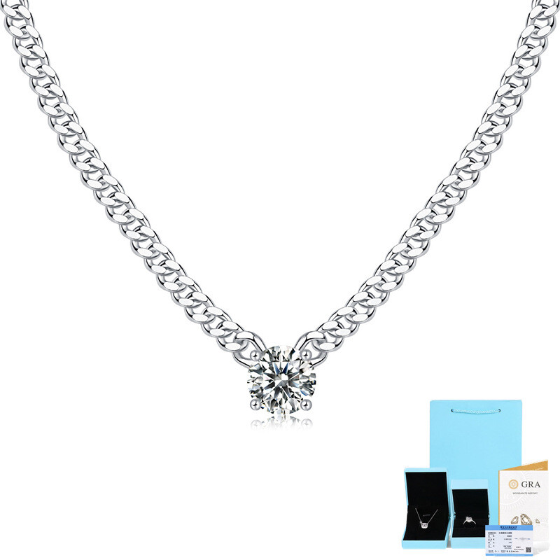 1ct Round Moissanite Cuban Chain Necklace in Sterling Silver for Women