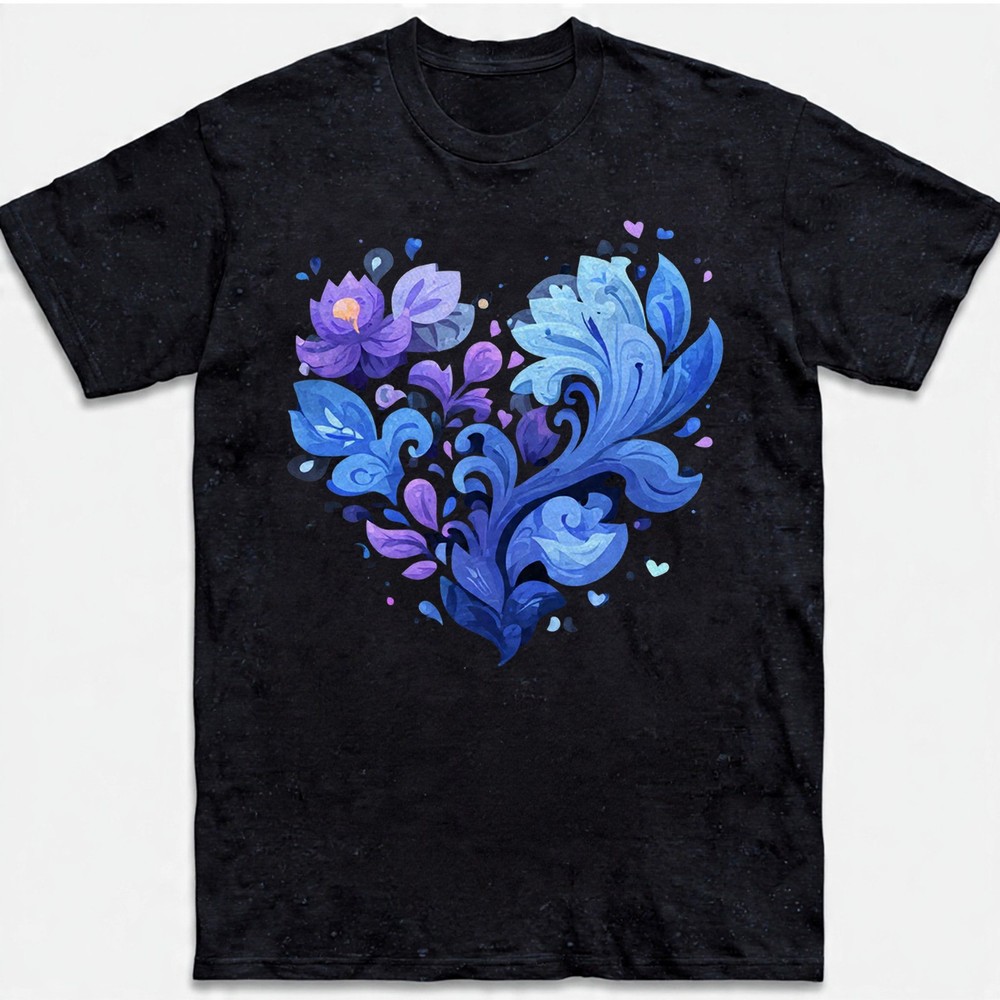 Blue Floral Heart Watercolor Abstract Flowers Retro Cute Nature Gift Tee