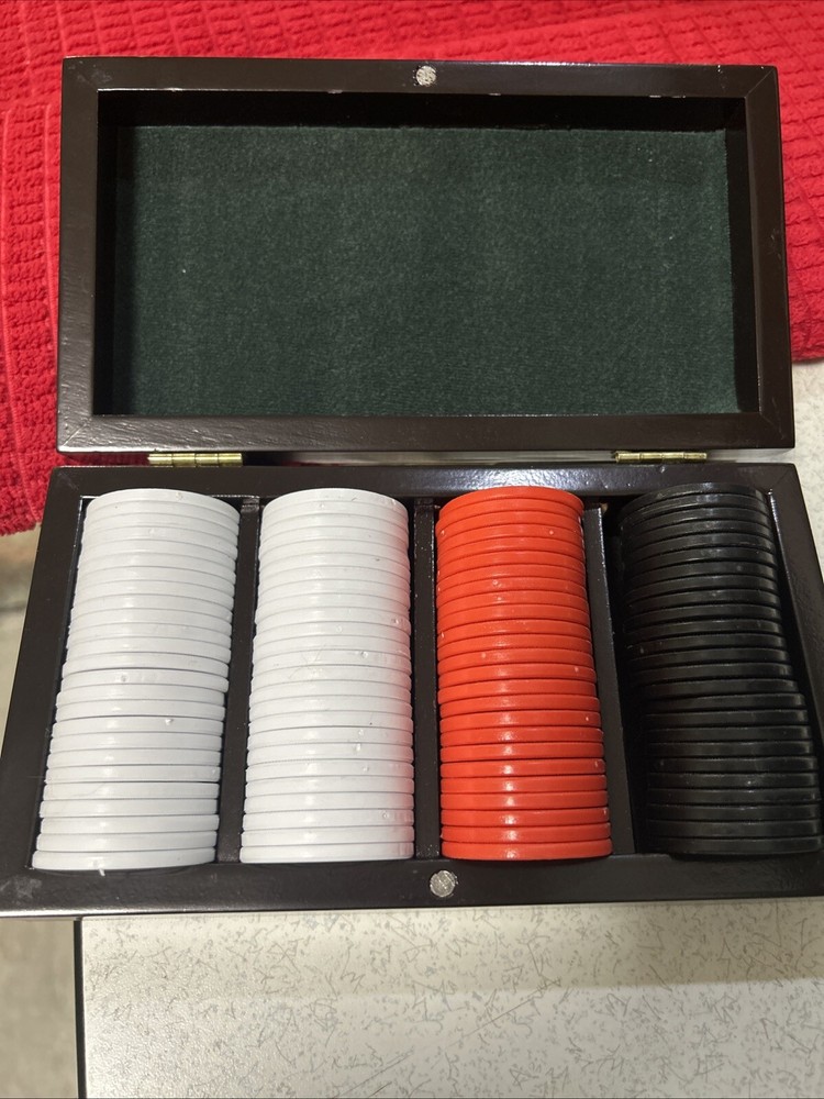 Vintage Wood Box of Plastic Disk Poker Playing Chips