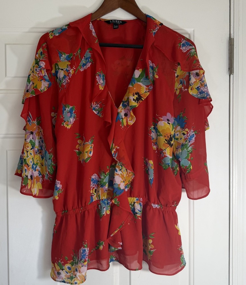 Lauren Ralph Lauren Women’s Blouse Size XL Red Floral Print Ruffled