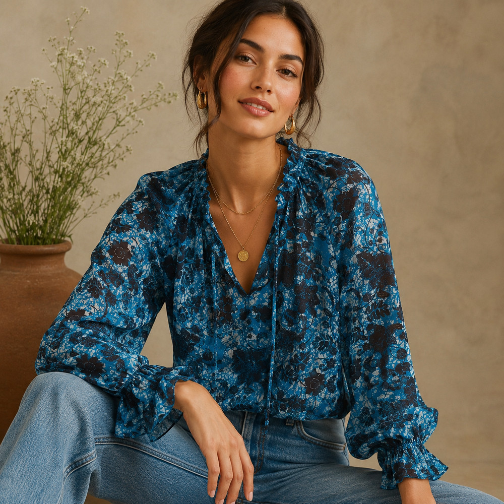 Women’s Anthropologie Floral Sheer Chiffon Boho Peasant Top Blue Medium