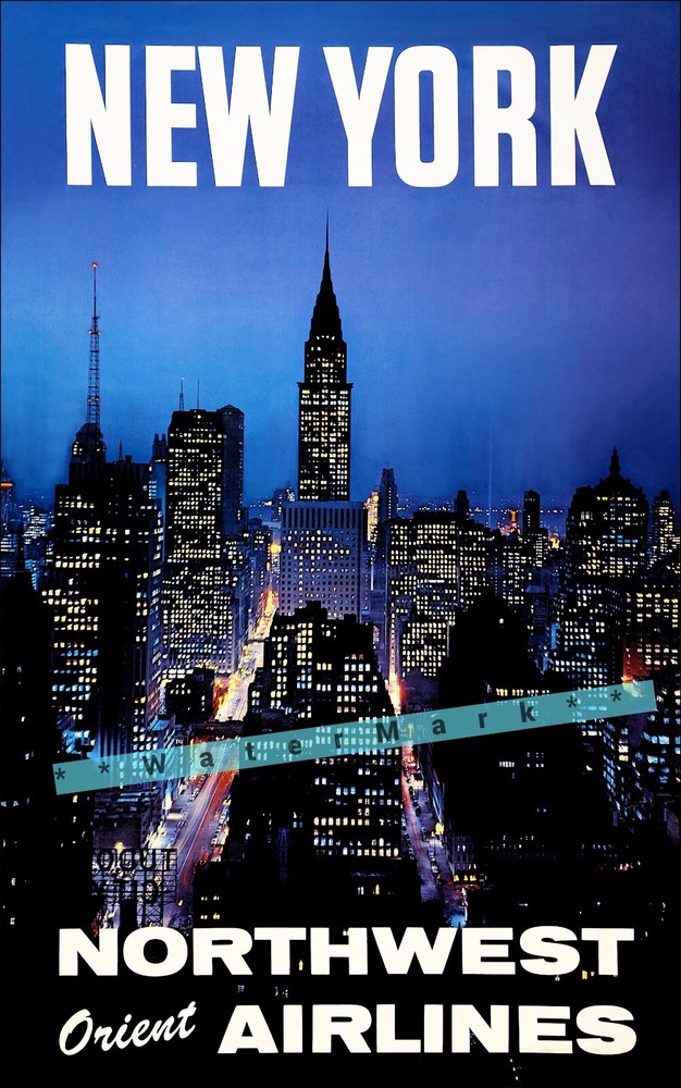 New York City 1966 Night View Vintage Poster Print  Retro Airline Travel WallArt