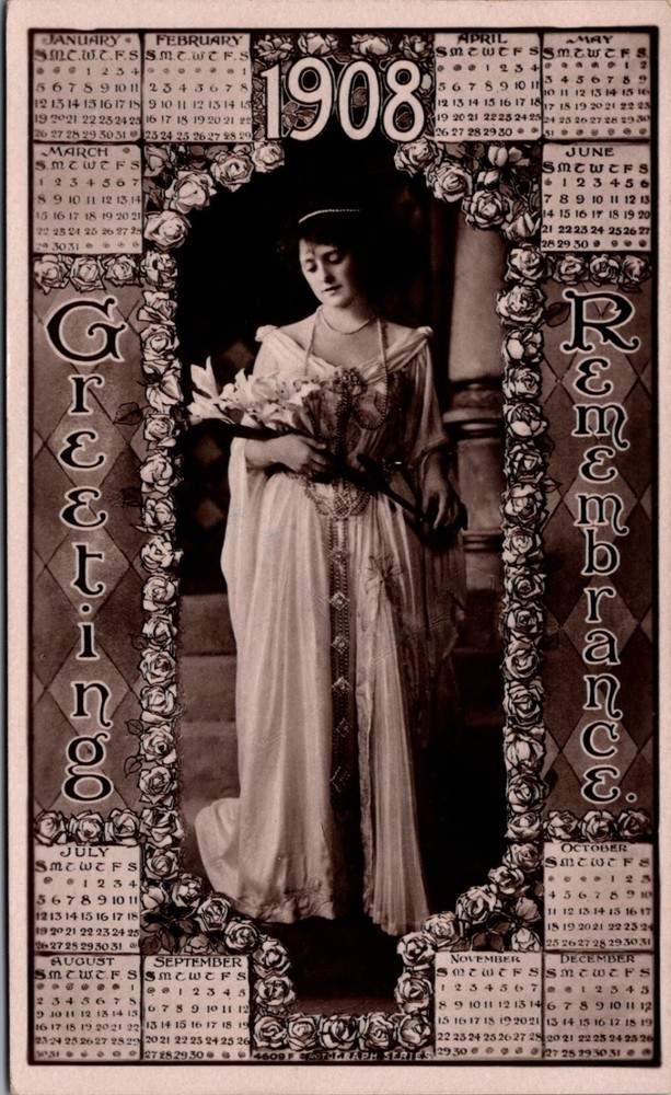 1908 RPPC Edwardian Beauty Calendar Postcard - Greetings Remembrance Rotograph