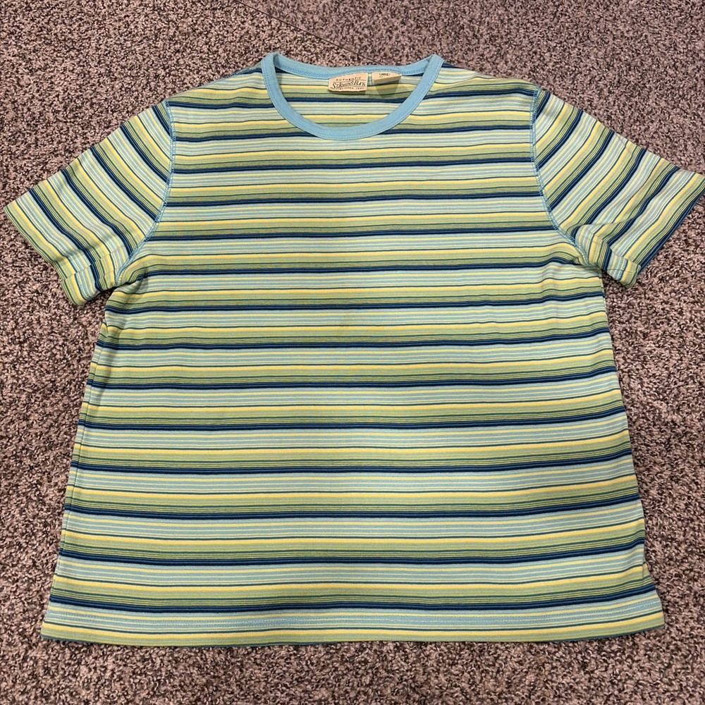 St. John's Bay Women's Blue, Yellow, And Green Striped Short Sleeve T-Shirt Sz L