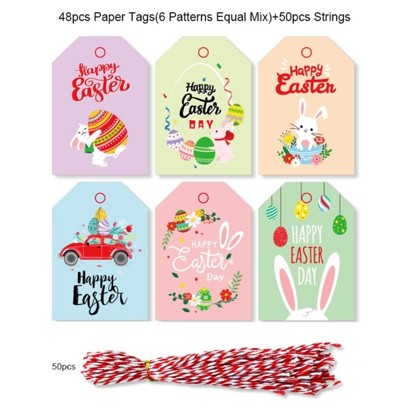 48-Piece Easter Bunny Gift Tag Kit with String for DIY Box Wrapping