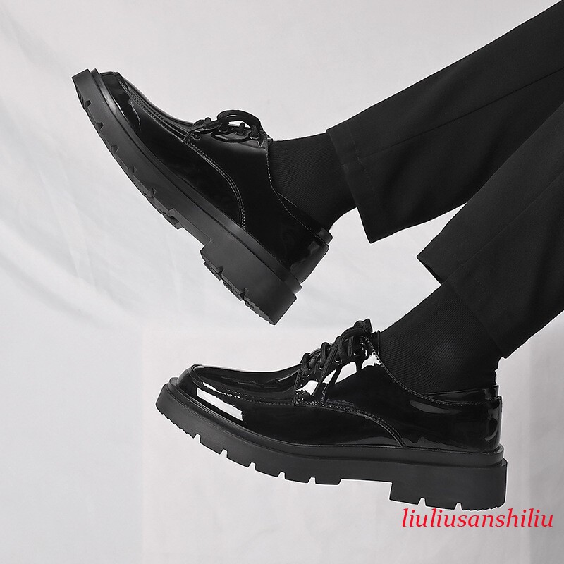 Korean Shiny Leather Casual Business Shoes Round Toe Lace Up Casual Men's Shoes