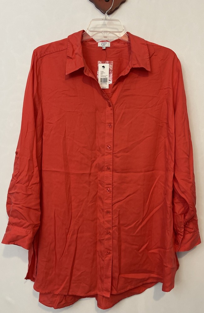 Crown Ivy Curvy Womens 3x Red Button-Up Essential Tunic Collared Shirt NWT A1761
