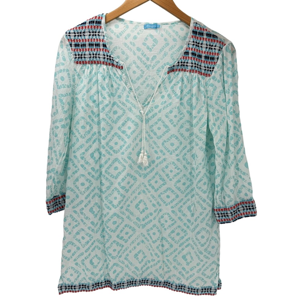 J McLaughlin Tunic Womens Medium Blue Pink Embroidered Boho Pullover V-Neck Top