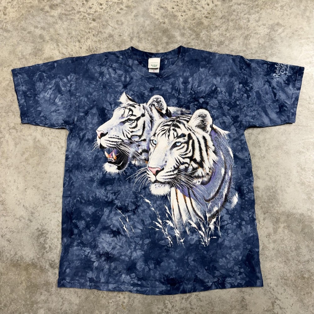 Vintage Rainforest Cafe Shirt Mens Large Blue White Tiger Graphic Tee Tie Dye