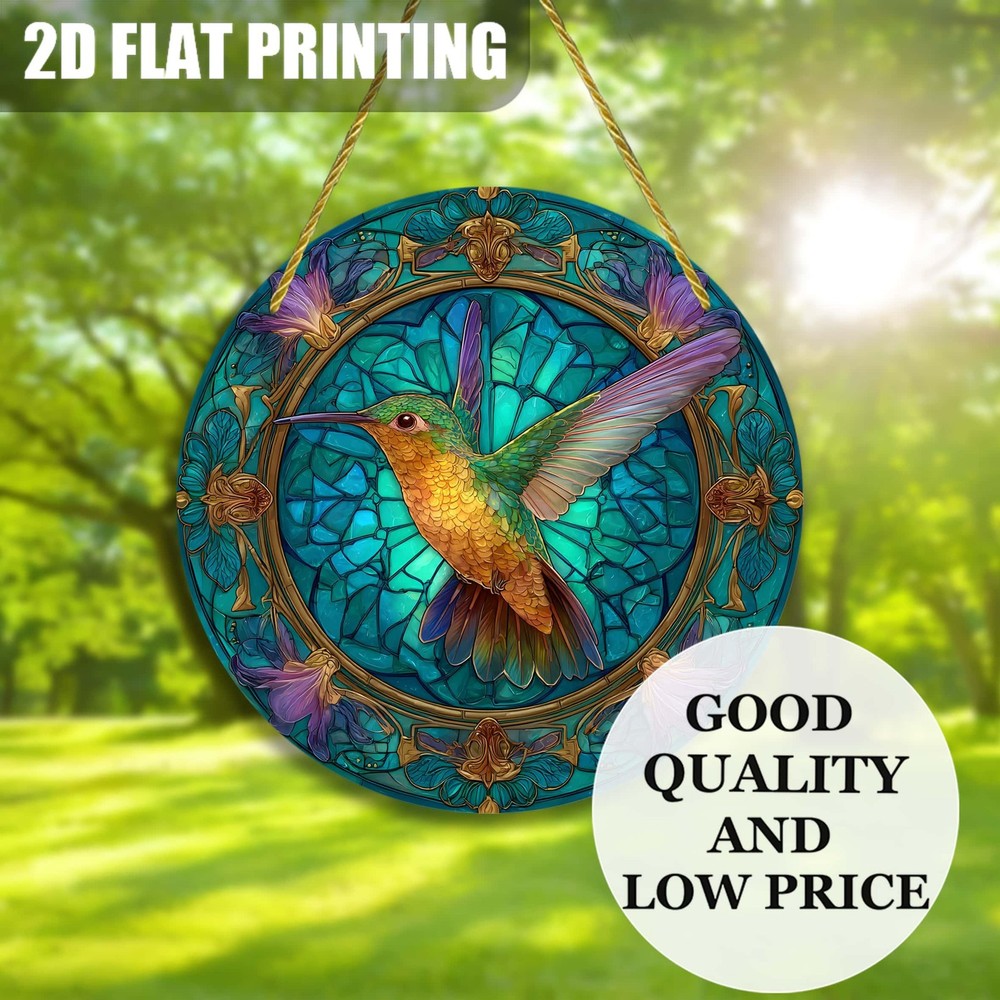 8x8 Bohemian Hummingbird Suncatcher Stained Glass Bird Lovers Gift