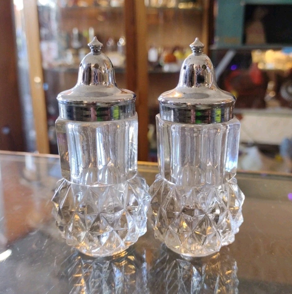 Vintage Indiana Glass Diamond Point Salt and Pepper Shakers in Crystal