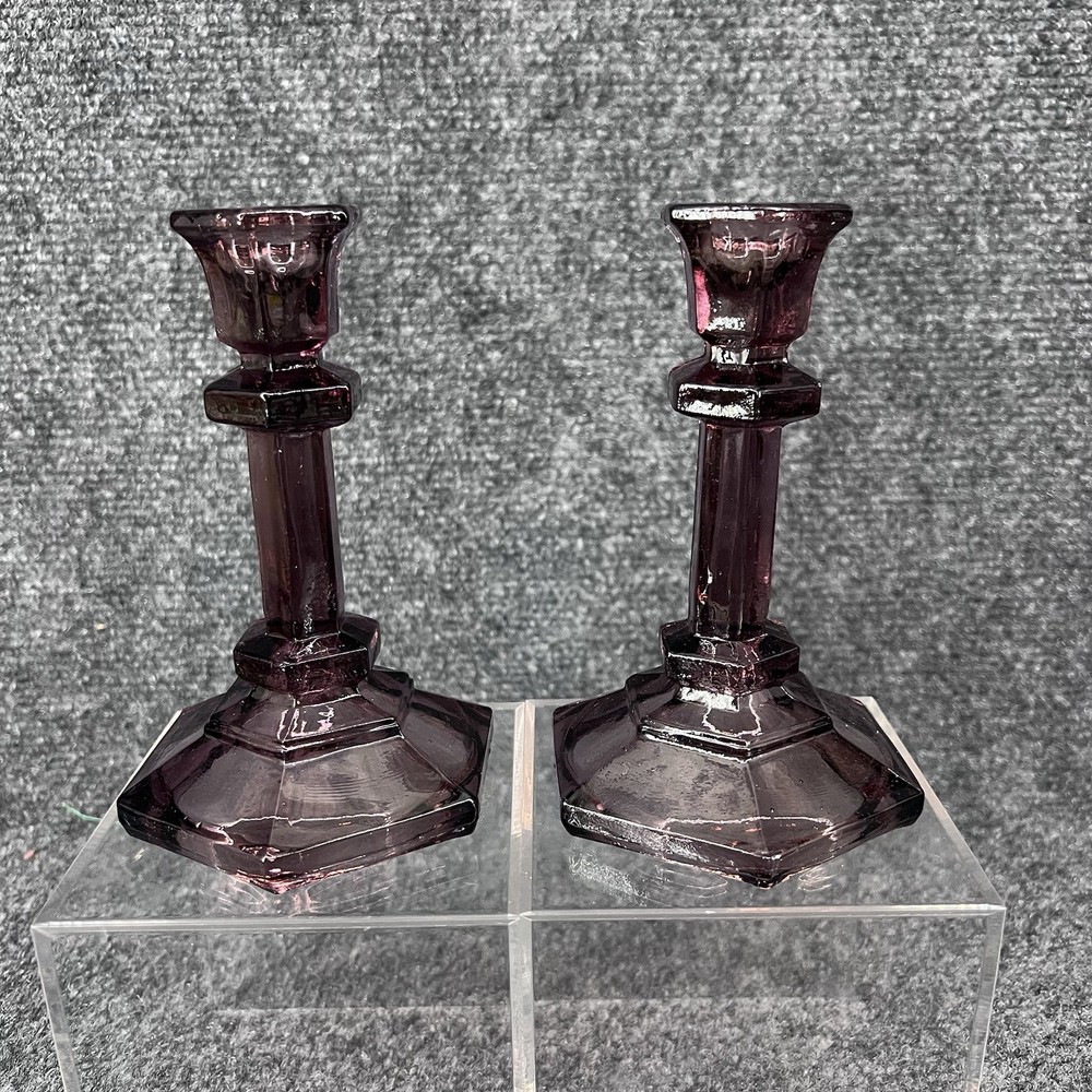 Amethyst Glass Vtg 5” Candle Stick Holder Pair Purple MCM Glows Under 365nm UV