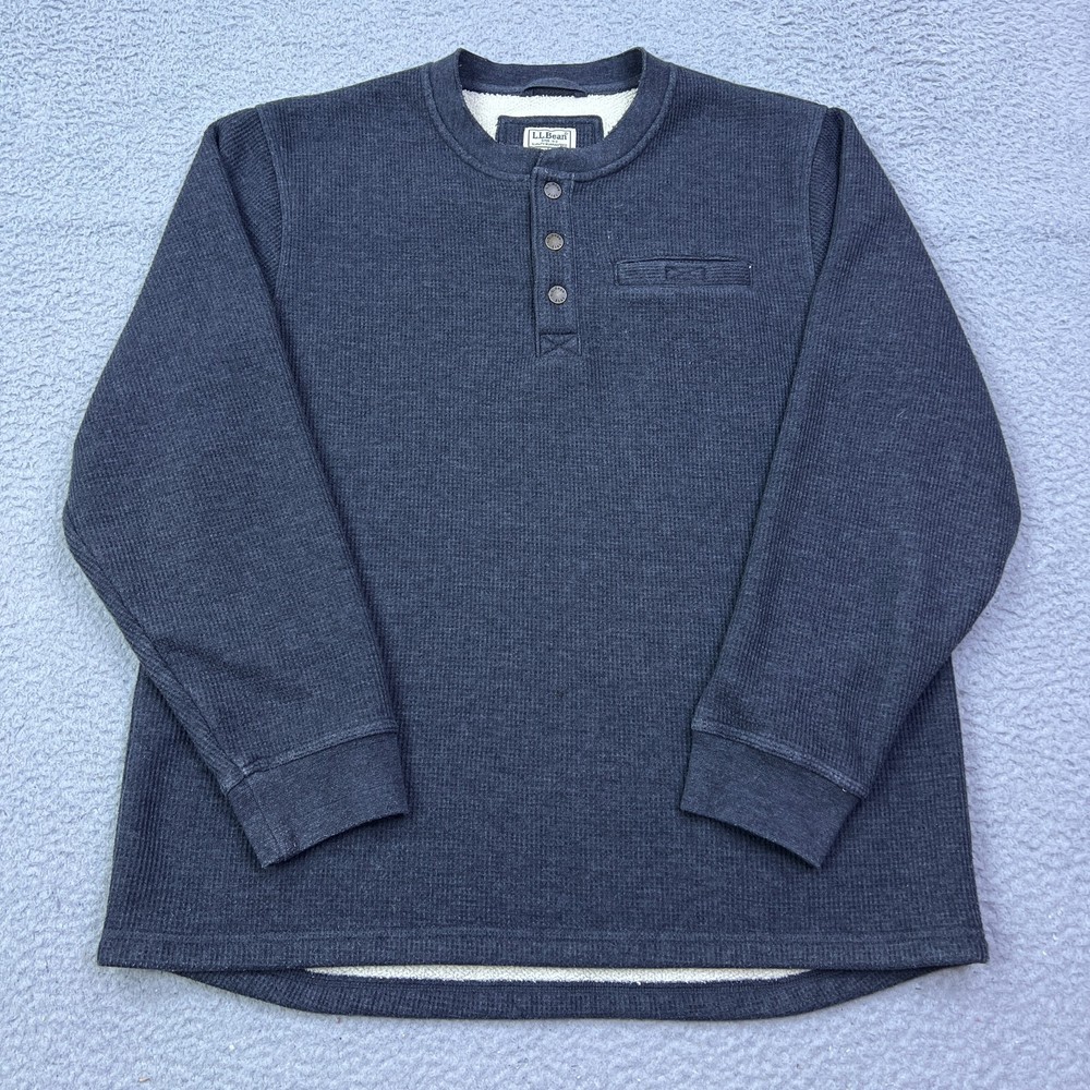 LL Bean Shirt Men Large Charcoal Katahdin Iron Works Bonded Waffle Fleece Henley