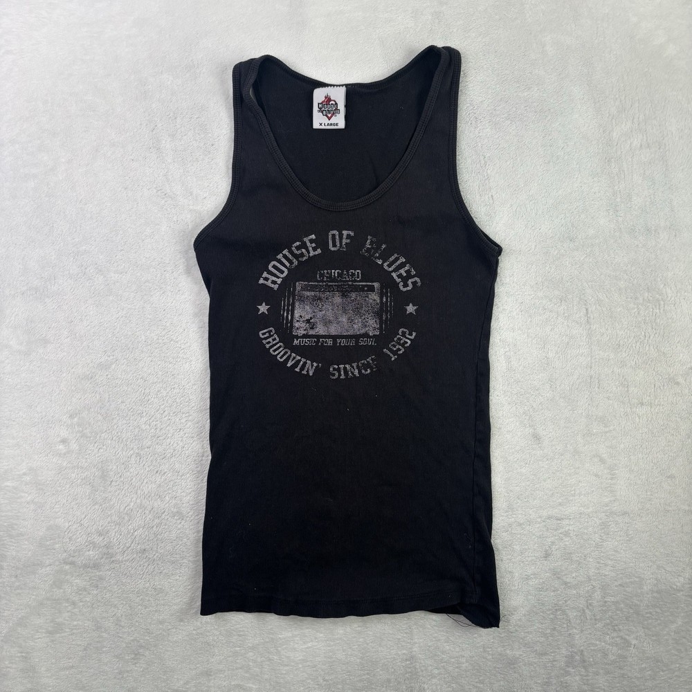 Y2K House of Blues Chicago Tank Top Black Ribbed Sleeveless Shirt Women's XL