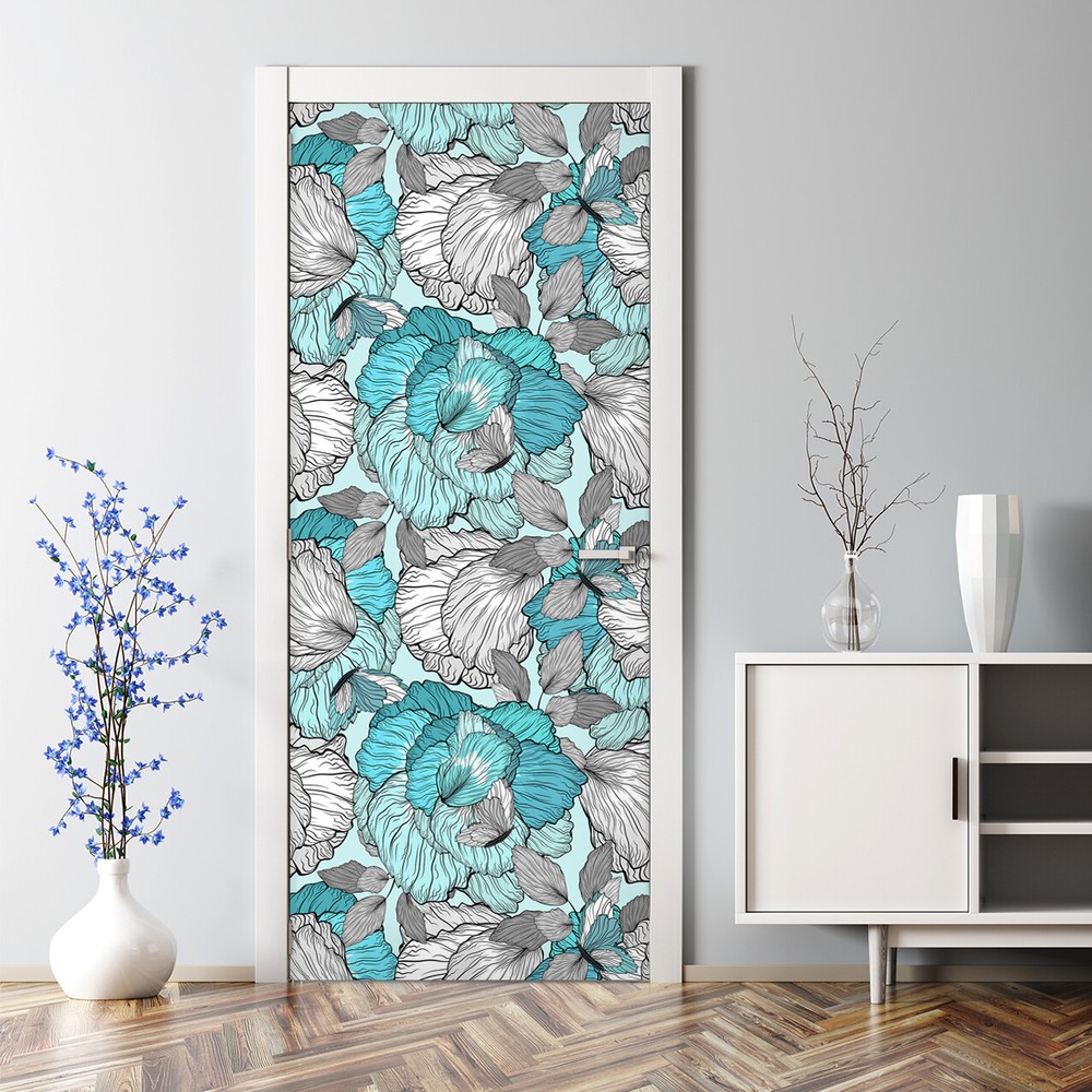 Bubble Free Door sticker Flowers Doodle style Sketch Elegant Blue and white