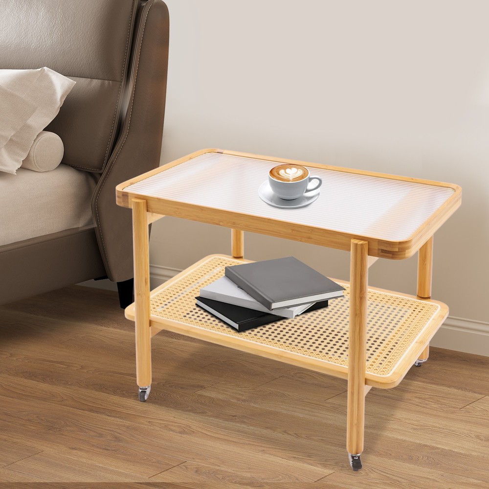 2 Shelves Rectangular Sofa Table Coffee Table With 4 Wheels For Living Room