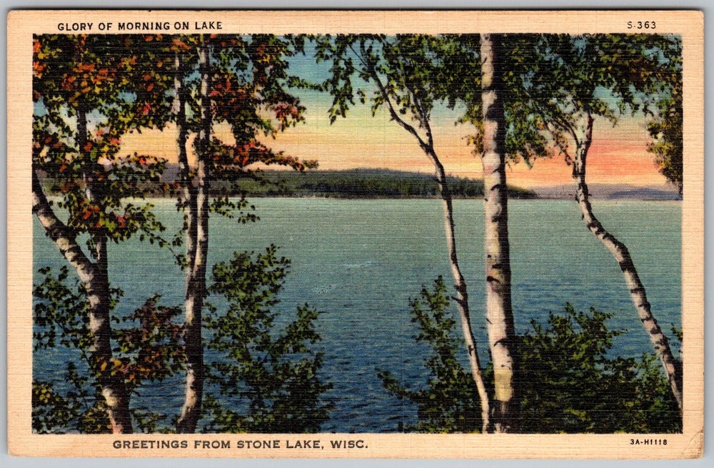 Vtg Linen Postcard Glory Of Morning Lake Stone Lake, WI 1930s