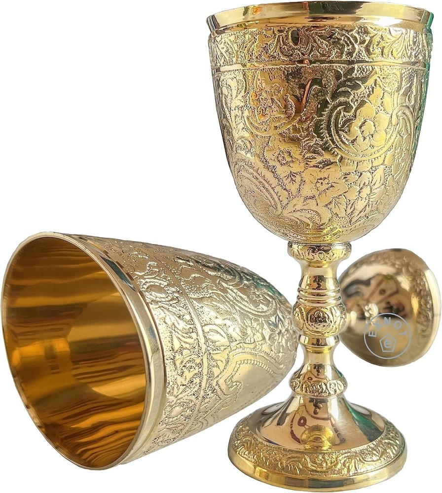 Vintage Brass Engraved Goblet Set of 2 Handmade Wine Glasses