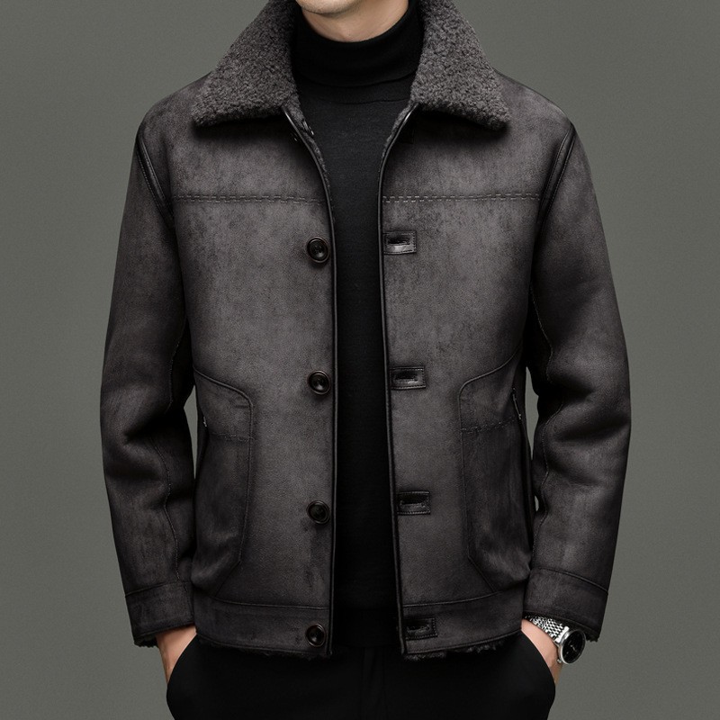 Winter Men's Jacket Casual Wool Fur Lining Coat Fashion Thick Leather Wool Coats