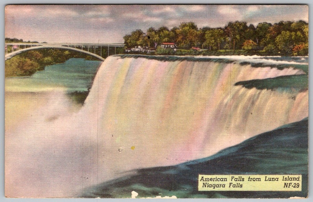 Vtg Linen Postcard American Falls Luna Island Niagara Falls, NY 1950s
