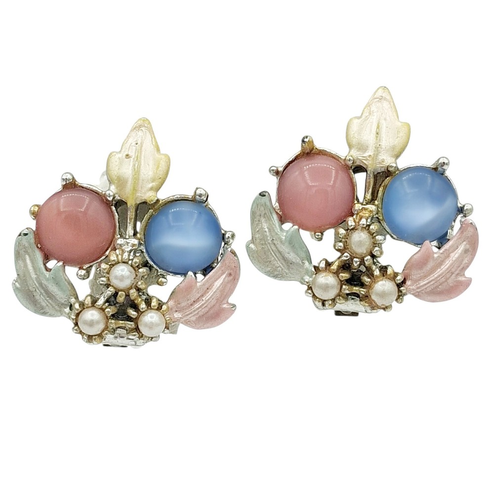 Vintage Pastel Clip-On Earrings Moonglow Glass & Enamel Leaves Mid-Century