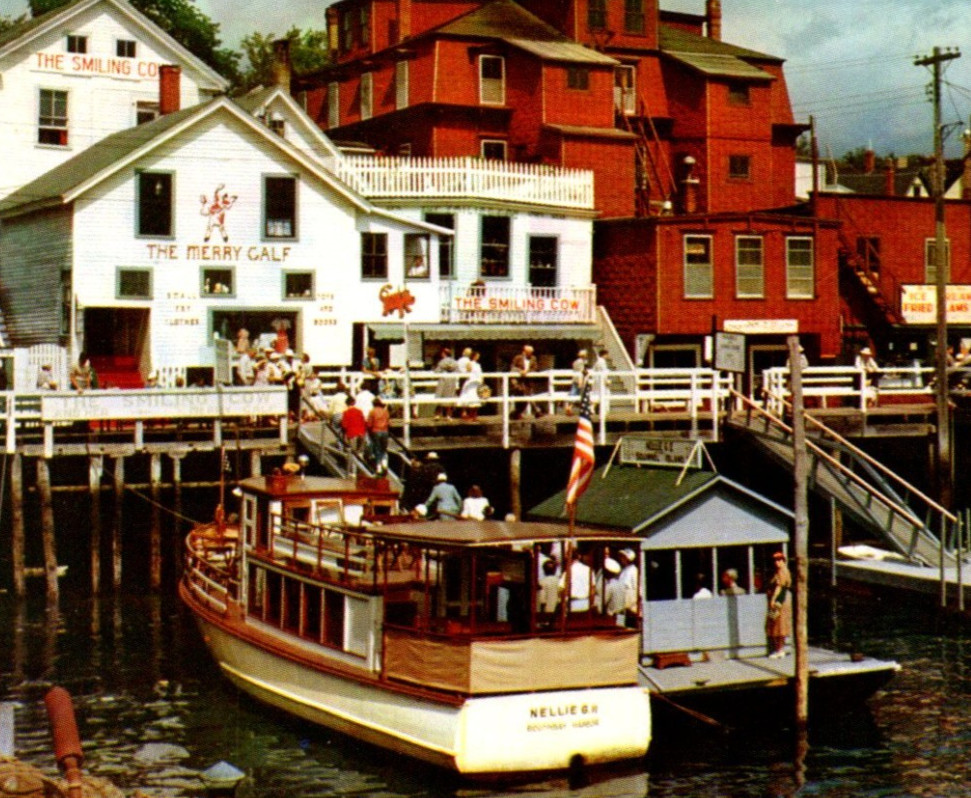 Vintage Postcard Water Front Shops Boat Landing Boothbay Harbor Maine ME