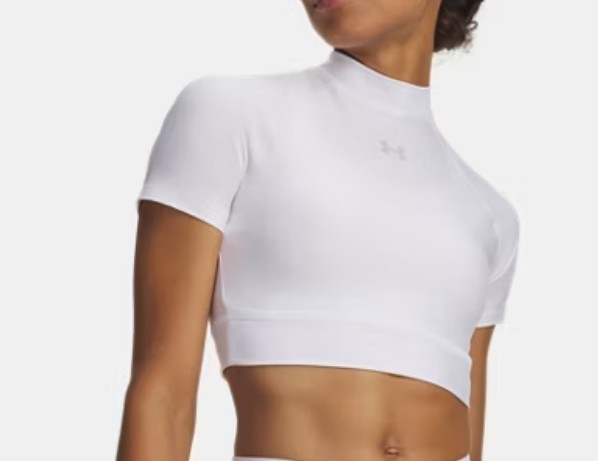 Under Armour Women's Crop Mock Logo Short Sleeve, WHITE L