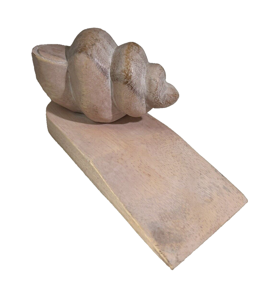 Acacia Wedge Wood Seashell Whitewash  Doorstop Hand Carved from Thailand. New-image