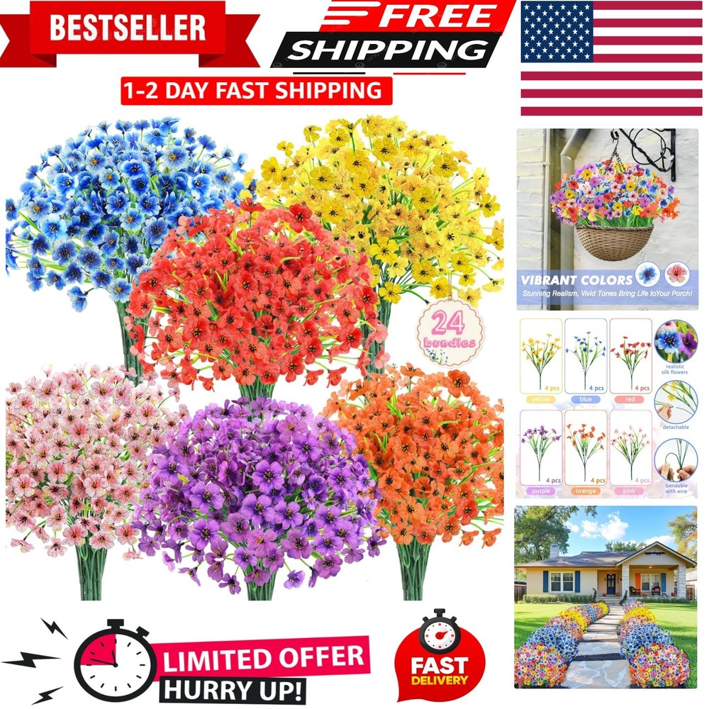 24 Bundles Artificial Flowers Bulk for Outdoors UV Resistant Fake Flowers Spring