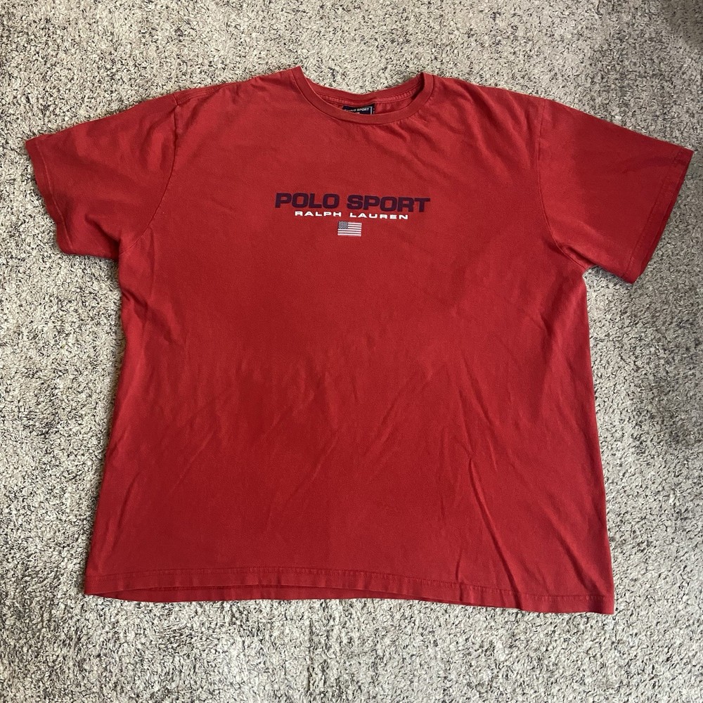VINTAGE Ralph Lauren Polo Sport T-Shirt Men’s XL Red Spell Out USA Flag 90s