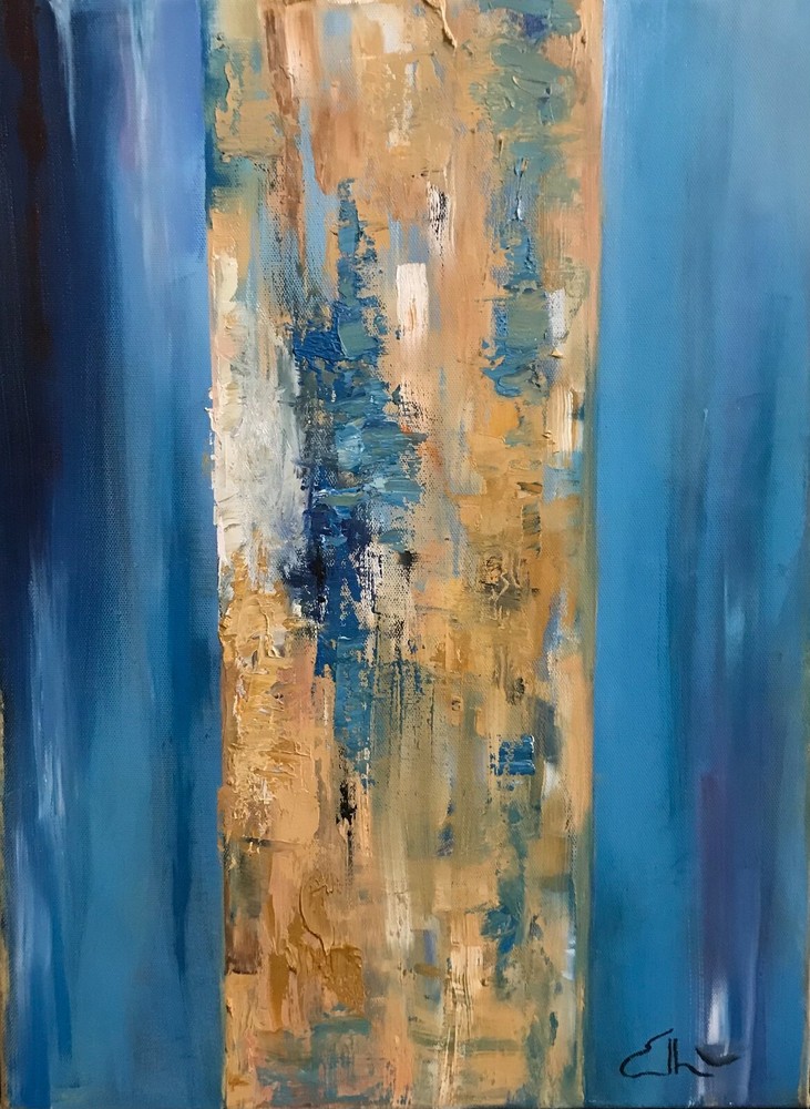 Original, signed, abstract oil painting with variations of blue and ochre.