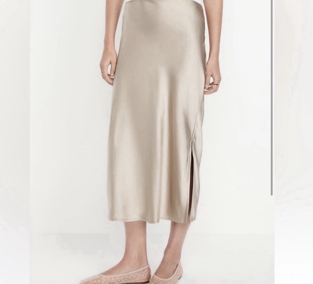 Old Navy Satin Slip Skirt Split Midi Length Mocha Taffy Champagne Gold Plus XL