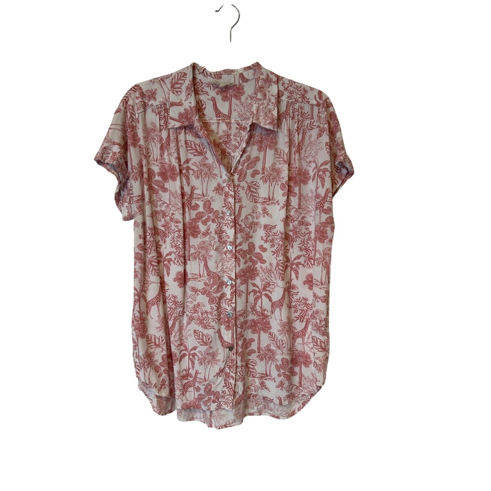 Jane and Delancey Blouse Women XL Pink Giraffe Jungle Toile Rayon Button Down