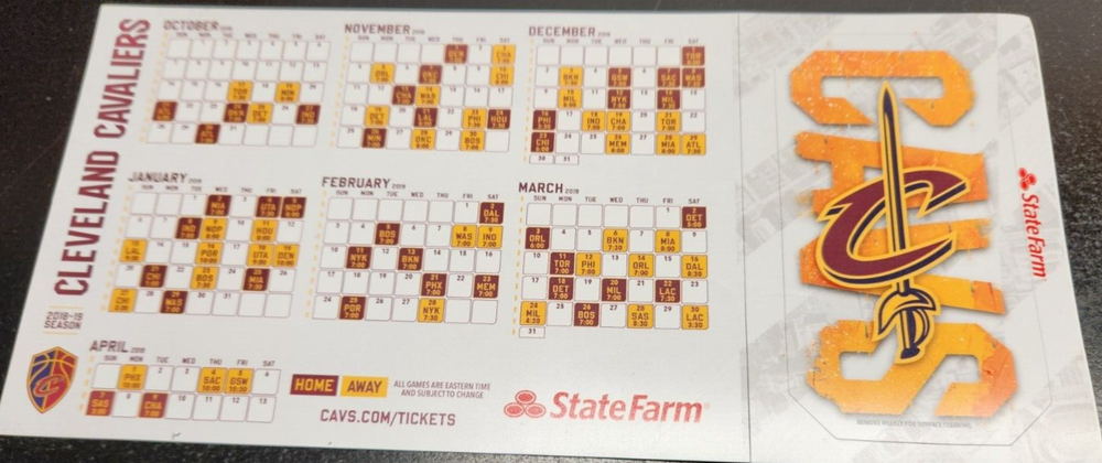 2018-19 NBA Cleveland Cavaliers Magnetic Schedule -State Farm Sponsor-5.5