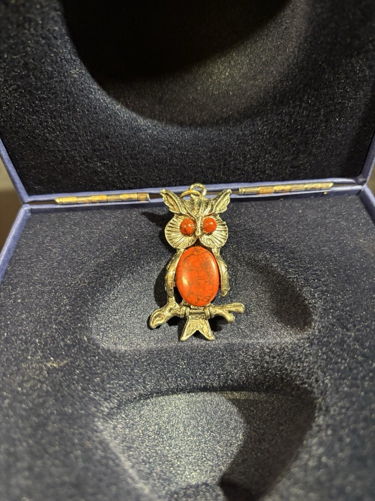 Owl Necklace Pendant- Red Stone- Vintage Silver Tone