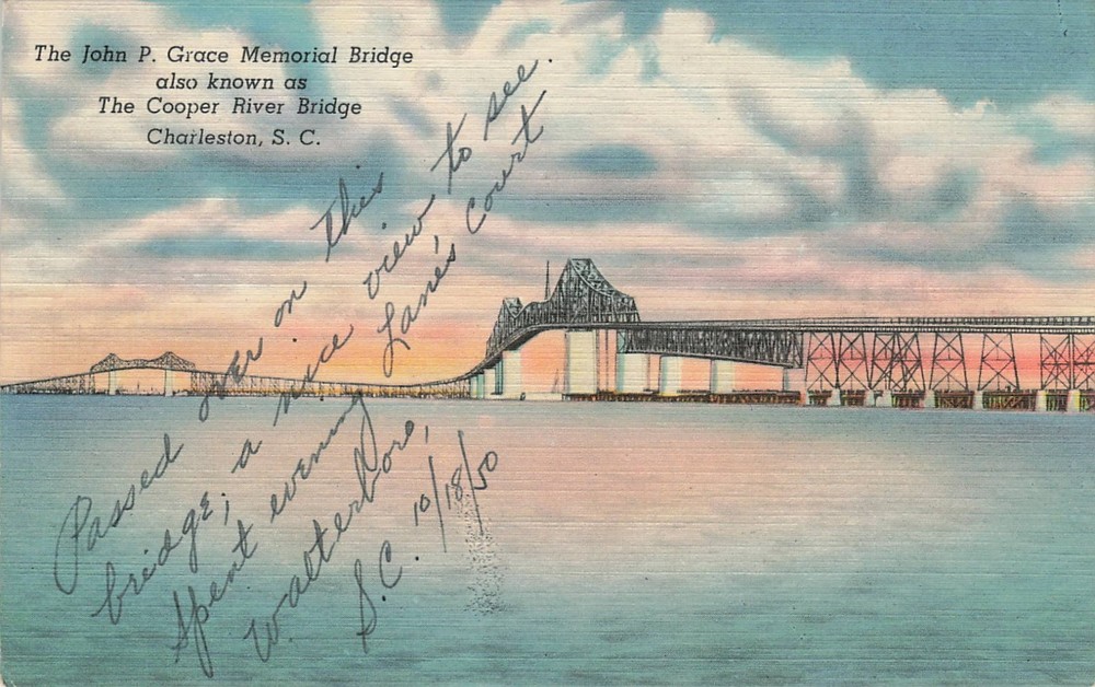 1940s John P. Grace Memorial Bridge (Cooper River Bridge) Charleston SC Postcard