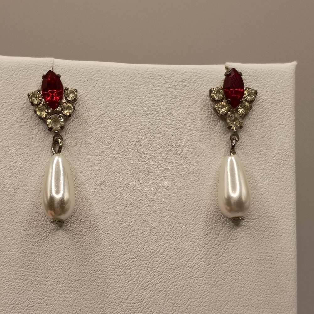 Vintage Red Crystal Rhinestone Faux Pearl Drop Earrings Silver Tone READ