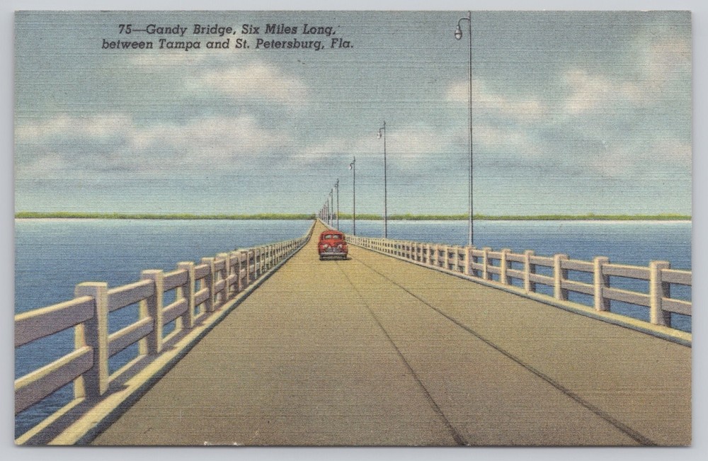 St Petersburg Florida, Gandy Bridge to Tampa, Old Car, Vintage Postcard