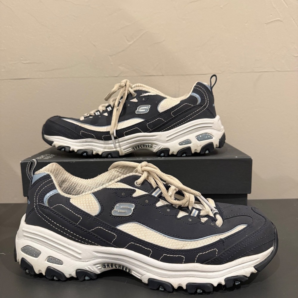 Skechers D'Lites Women's Navy Blue Cream Chunky Platform Sneakers Size 9.5